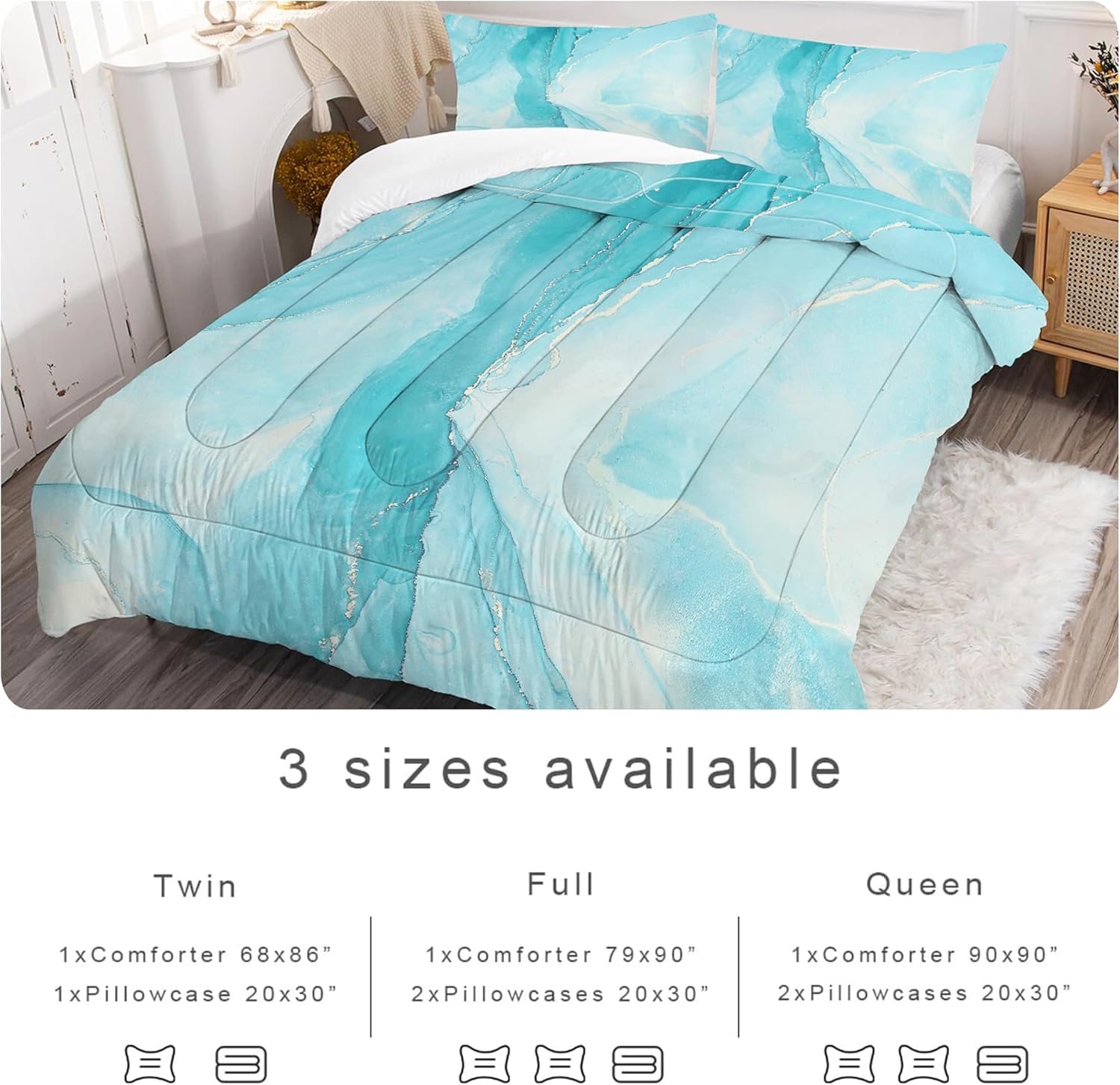 Blue Twin Comforter Set: Twin Size Light Blue Marble Bedding Sets for Teens Girls Kids Abstract Glitter Marbling Quilt Duvet Bed Set 1 Comforter & 1 Pillow Case - Image 6