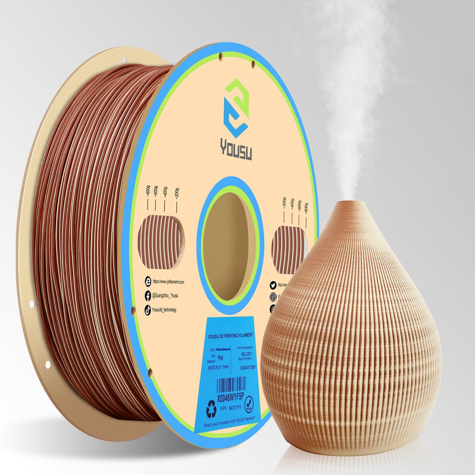 Yousu Dual Color Wood PLA Filament 1.75mm 1KG, Multicolor 3D Printer Filament, Real Wood Fibers Added, Fits Most FDM 3D Printers, Walnut+Bamboo