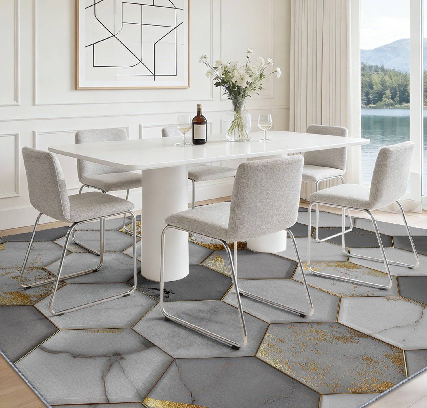 Tappeto Soggiorno 140 x 200 cm, grigio marmo esagonale geometrico, moderno tappeto stampato lavabile in lavatrice, tappeto morbido antiscivolo, per camera da letto e ufficio, sala giochi