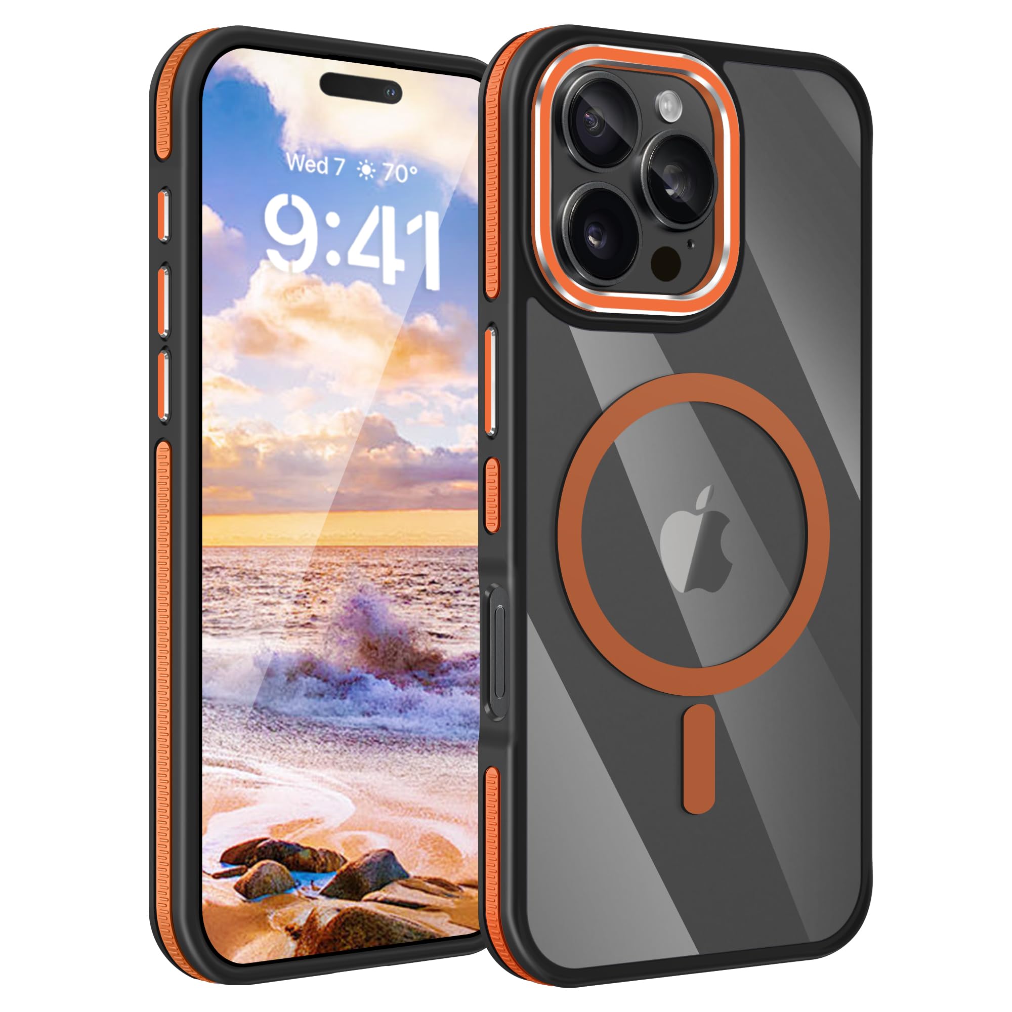 Fingic for iPhone 16 Pro Magsafe Compatible Magnetic Case - Hard PC & Soft TPU Edge - Antislip, Antiscratch, Shockproof - Orange