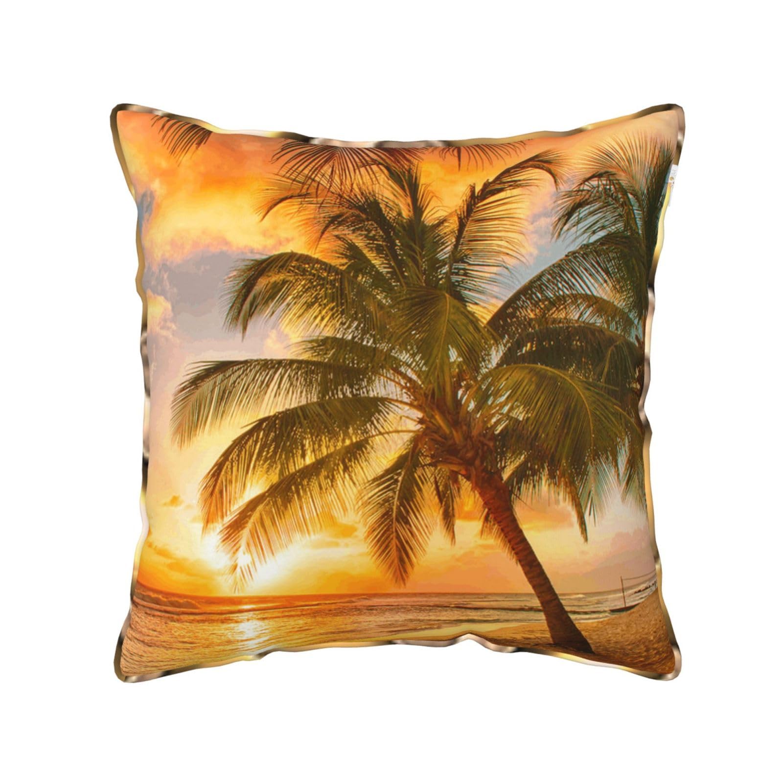 AUBKFELD Beautiful Sunset Printed Velvet Cushion Cover 40x40 CM with Gold Edging Strip, Square Pillowcase Soft Throw Pillow Covers Case Decorative for Living Room Sofa Couch Bed Bench