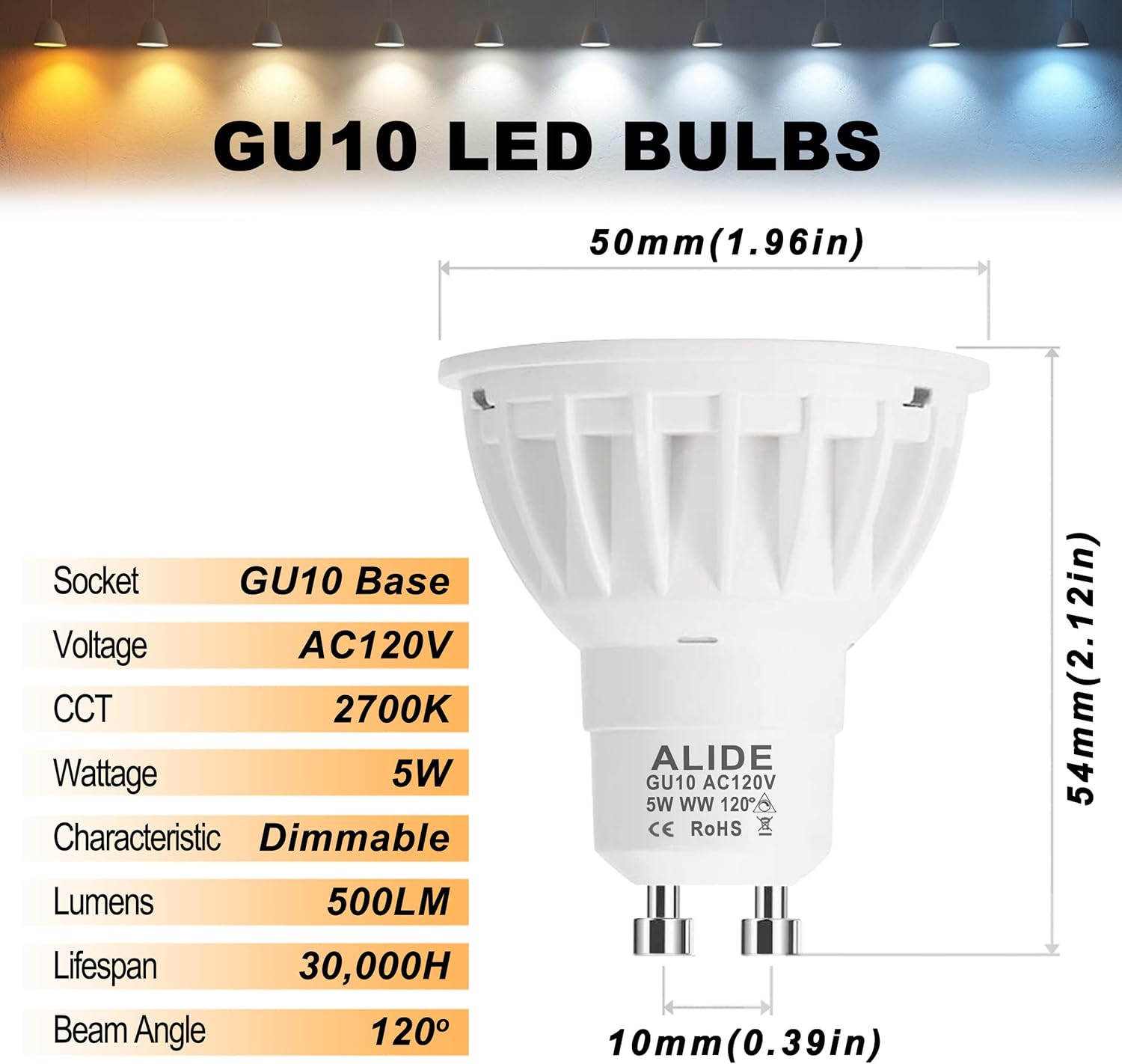 ALIDE 10Pack GU10 LED Light Bulbs Dimmable 50watt Equivalent, 2700K Soft Warm Light GU10 Bulb Replacement for Recessed Track Lighting, 5W LED Bulbs with 120°Flood Wide Beam for Kitchen, Range Hood