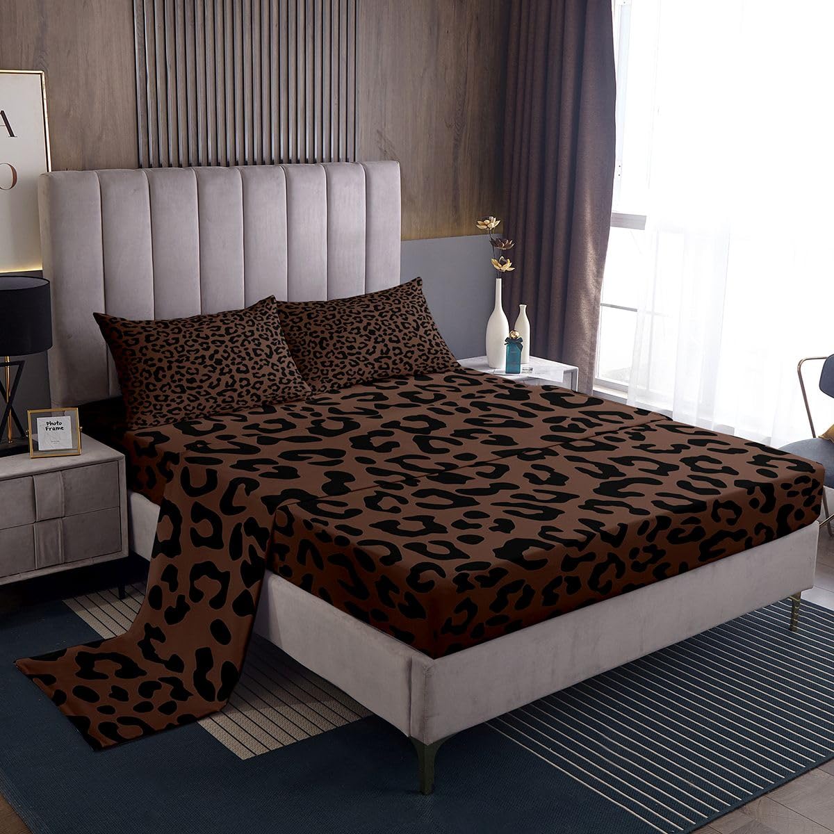 Brown Black Leopard 4 Pieces Sheet With 26 Inch Deep Pockets Kids Animal Print Bedding Queen Size Safari Bed Sheets Set for Women Men Room Decor Breathable Soft Microfiber Cheetah With 2 Pillow Case