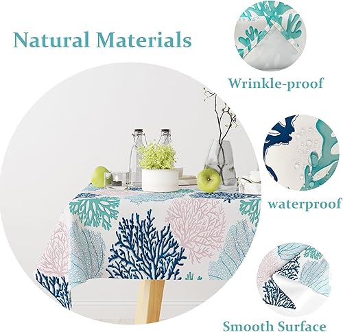 Miniatura 6 de Mantel rectangular náutico costero para exteriores, mantel con estampado de coral, diseño de playa, decorativo, impermeable, lavable, para comedor,