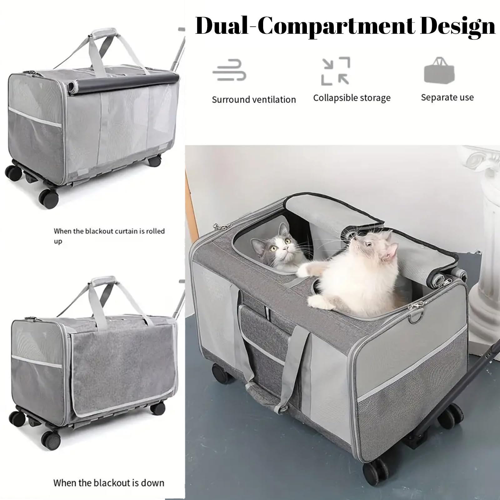 Transportín De Mascotas De Doble Compartimento con Ruedas Desmontables para Gato/Perro, Transportador Rodante para 2 Gatos Pequeños,Perros, Diseño Súper Ventilado,Caqui