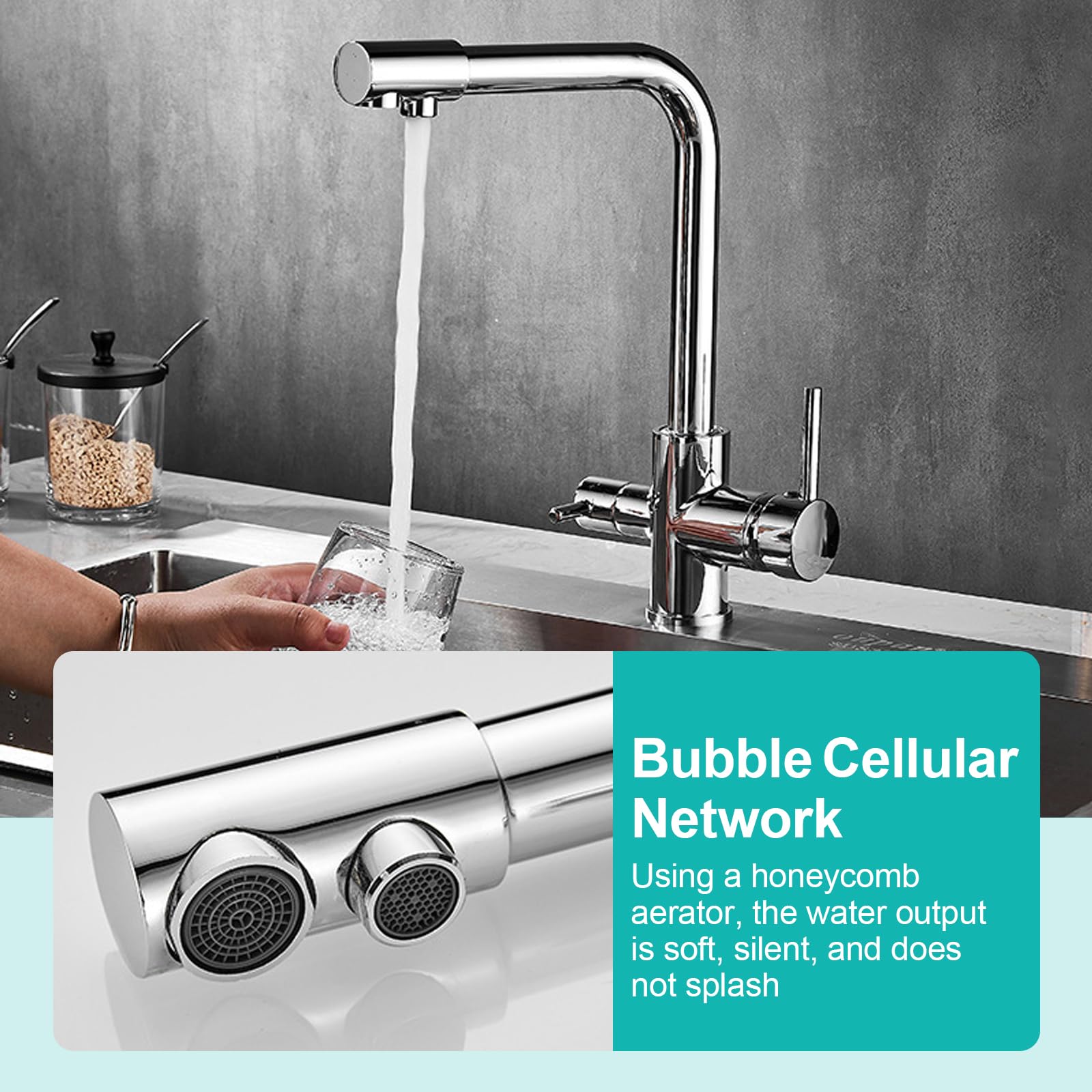 3-Wege Küchenarmatur, 3 in 1 Hochdruck Küchen Wasserhahn Mischbatterie für Wasserfilter, Doppelhebel Armatur &Trinkwasserhahn für Heiß- und Kaltwasserauslauf&Installation Trinkwassersystem Pipe