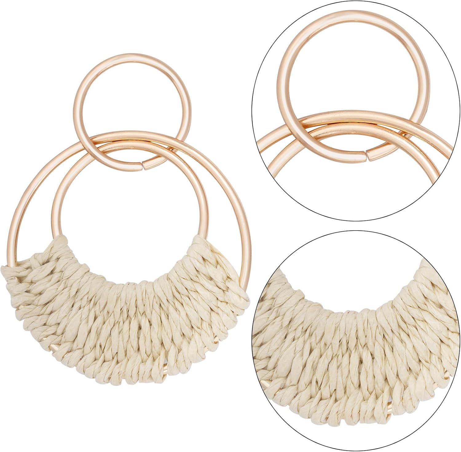 hoyuwak 2 Pairs Rattan Weave Earrings Boho Raffia Dangle Hoop Earrings Handmade Straw Wicker for Women Summer Beach Party, Beige Khaki - Image 2