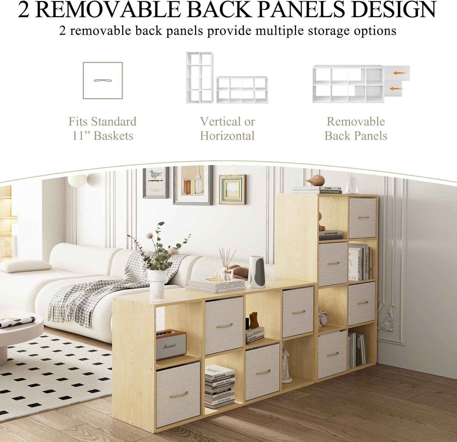 8 Cube Storage Organizer - Solid Wood Bookshelf with 4 Storage Bins, Cube Shelf with 2 Removable Back Panels, Vertical or Horizontal Bookcase, Open Book Shelf for Bedroom, Living Room, Office - Image 3