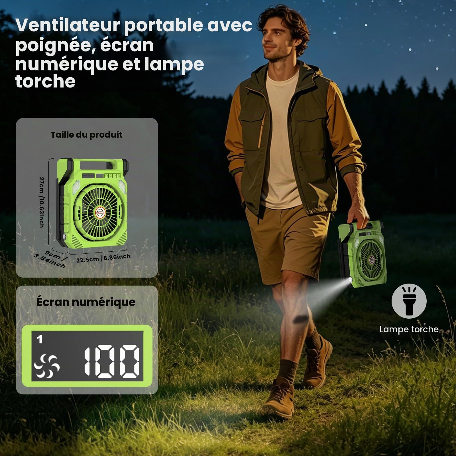 Ventilateur de Camping,Ventilateur Solaire con Batterie 20000mAh Rechargeable,2 Panneaux Solaires,Lumière LED,Lampe torche,Secouant la tête,Affichage Numérique,Minuterie pour Pêche Randonnée Voyage