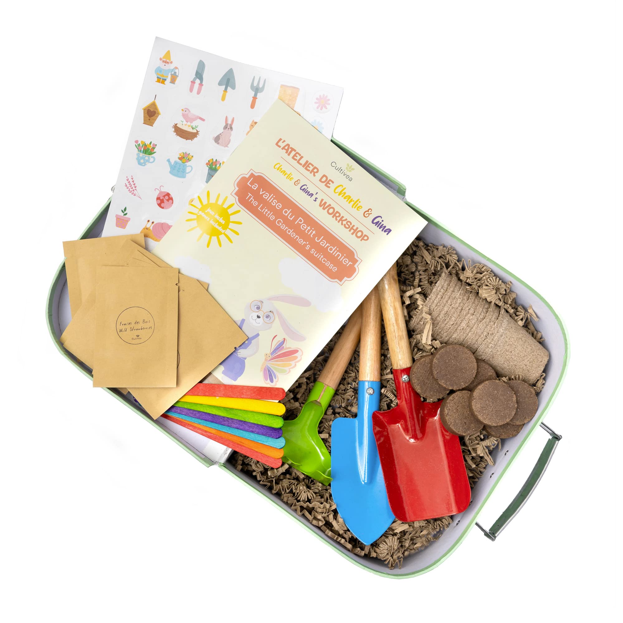 Cultivea® Pegatinas Valisette - Kit de Cultivo - Macetas - Semillas 100% ecológicas - Actividad Divertida - Ideal para Regalar a los niños (Tomate, Lechuga, Fresa, Albahaca, Aciano, Judía, Rábano)