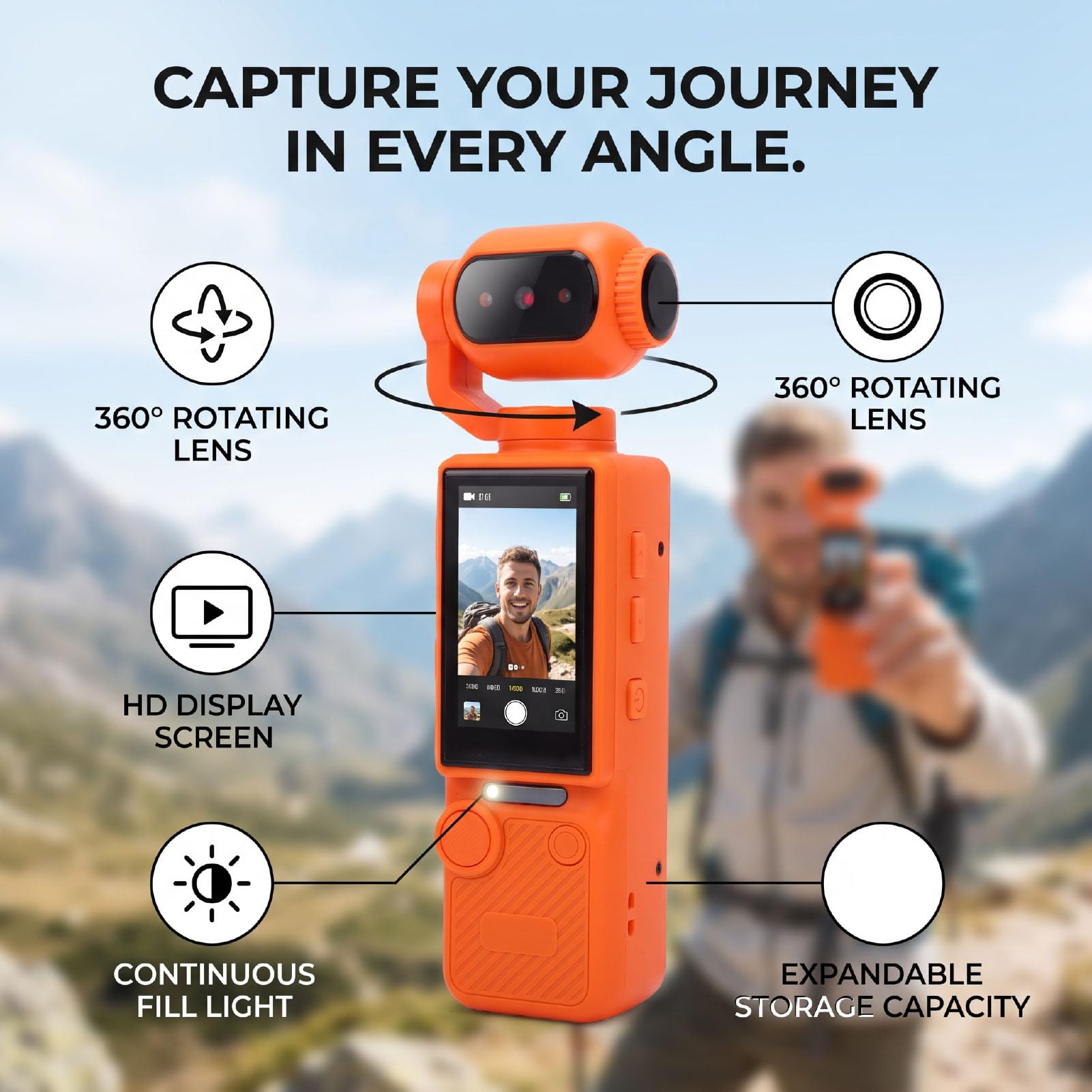 ASHATA Videocamera Sportiva Azione Rotazione 360°, Obiettivo Pivotante HD