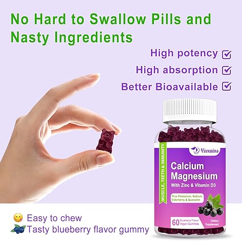 Miniatura 5 de Gomitas de calcio y magnesio de alta absorción, suplemento de calcio y magnesio sin azúcar con vitamina D3 de potasio para fuerza ósea y dental,