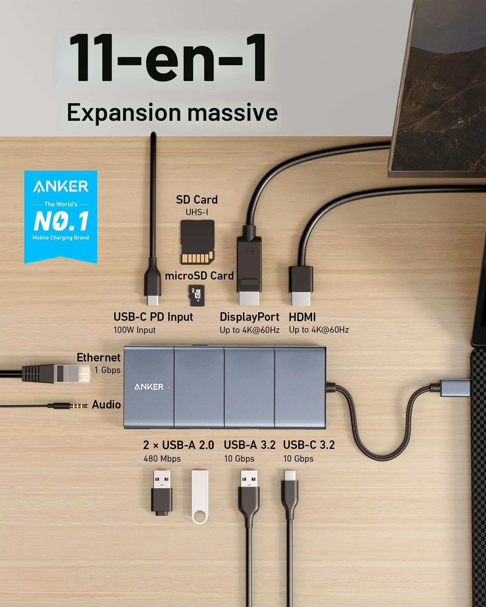 Anker 565 Hub USB-C 11 en 1 Docking Station avec Ports de données USB-C et USB-A 10 Gbps HDMI 4K DisplayPort, 100 W PD, 2 données USB 2.0, Ethernet, AUX, microSD & SD, pour MacBook Pro et Plus