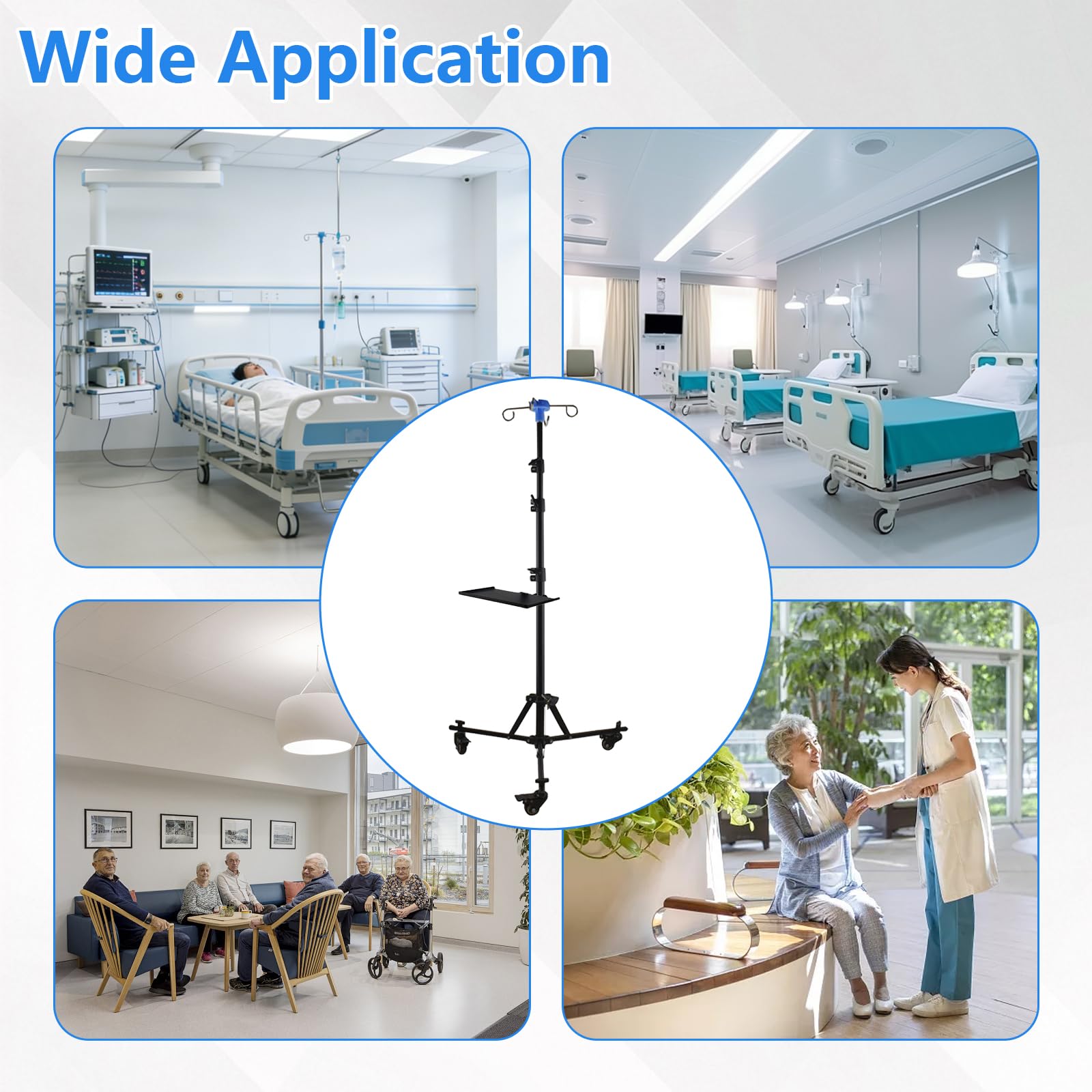 Infusionsständer mit Ablage und Alarm, Verstellbarer Infusionsständer mit Rädern, Klappbarer Infusionsbeutelständer mit 4 Haken, 3 Netzbeuteln und 1 Aufbewahrungstasche, für Krankenhaus und Heim