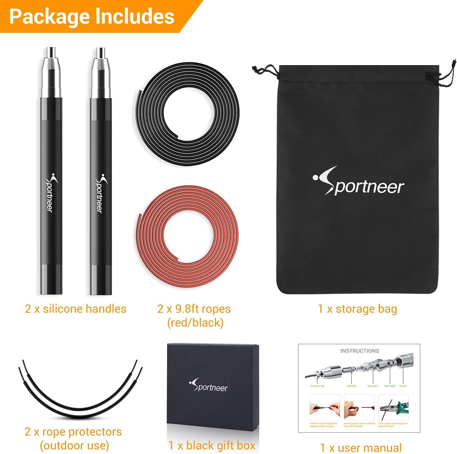 Sportneer High Speed Jump Rope, Adjustable Jumping Rope with Self-Locking, Screw-Free Design, 360 Degree Spin, Silicone Grip with 2 Speed Rope Cables for Workout Fitness, Crossfit & Home Exercises : Sports & Outdoors