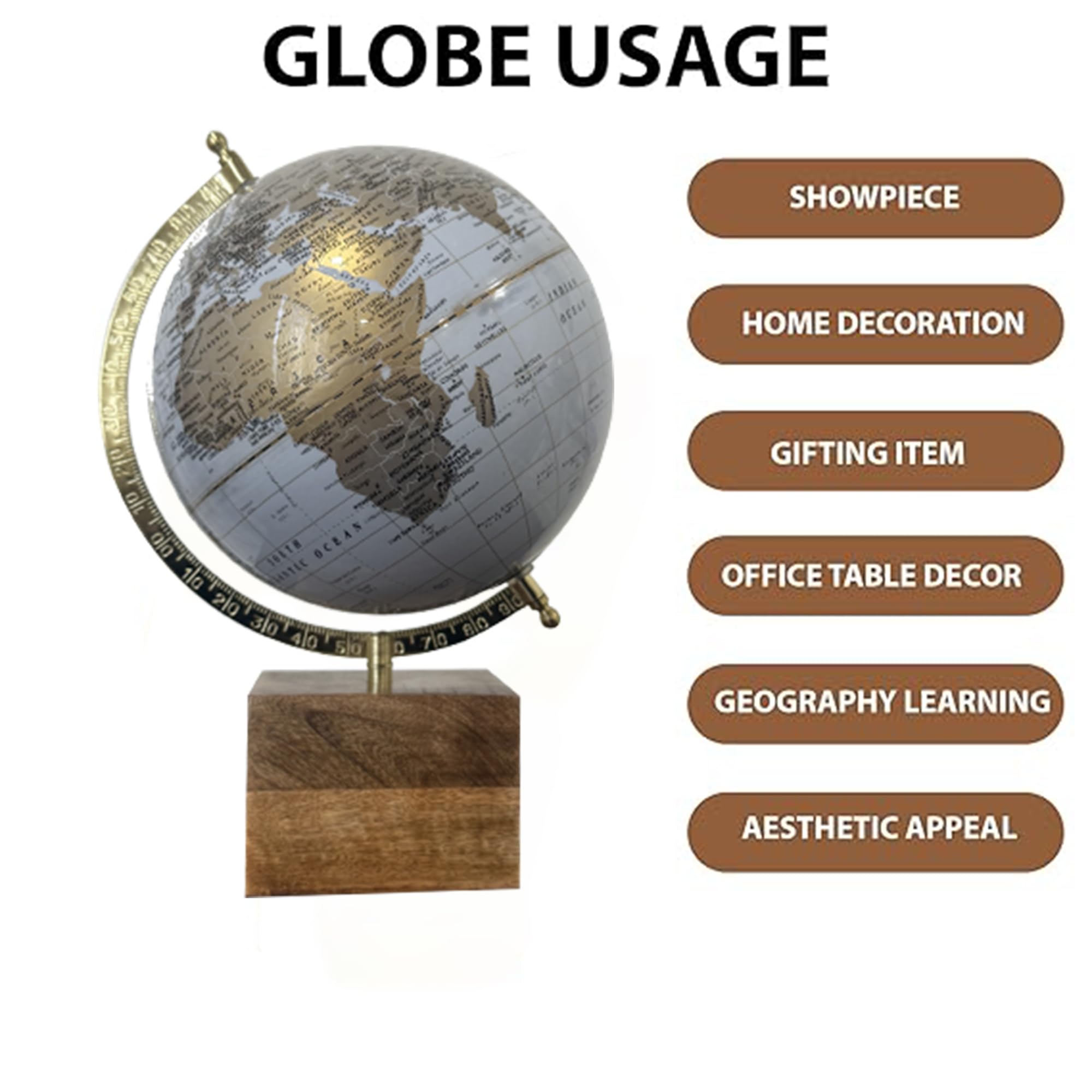 GLOBE DADDY 8 Inch Rotating World Globe with Metal Arc and Wooden Base for Office Table, Geography Learning, Studio or Cafe Decoration, Unique Gifts, Birthday and Anniversary Gift. 1