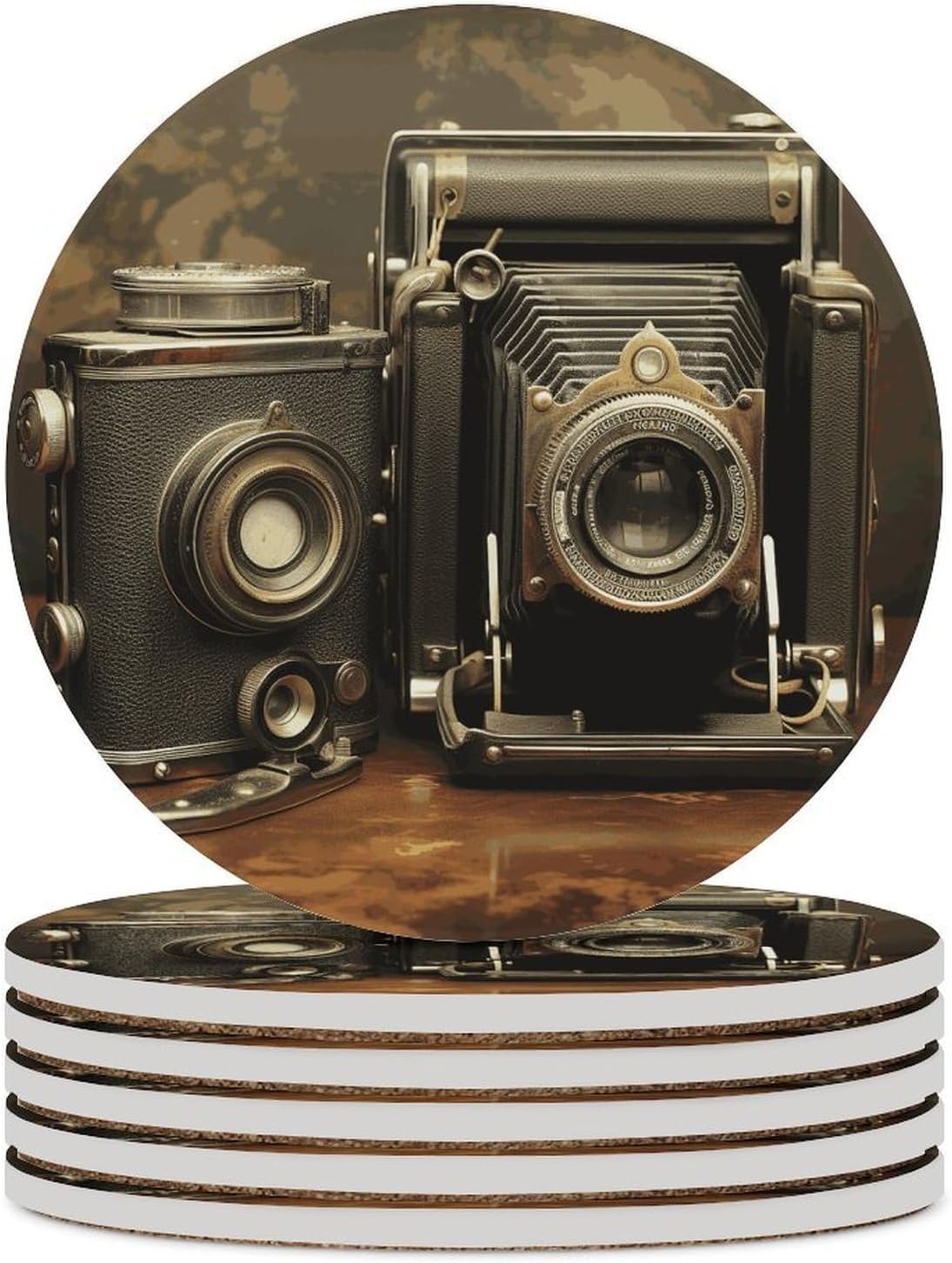 6PCS Old Camera Coasters Non-Slip Round Drink Coasters with Ceramic Stone and Cork Base, Heat Resistant Absorbent 33.00Stone Coaster Set for Kinds of Mugs and Cups, 4 Inch