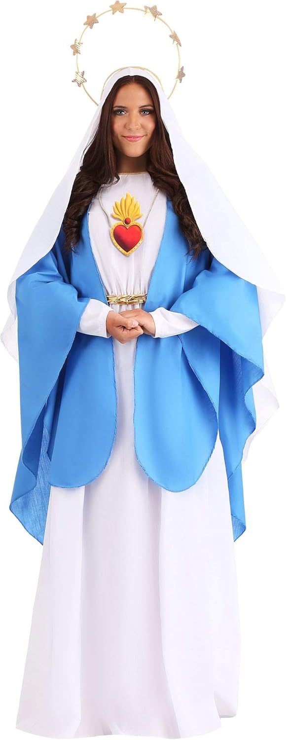 Nativity Mary Biblical Womens Costume - Dress, Shawl, Veil, Belt, Halo.