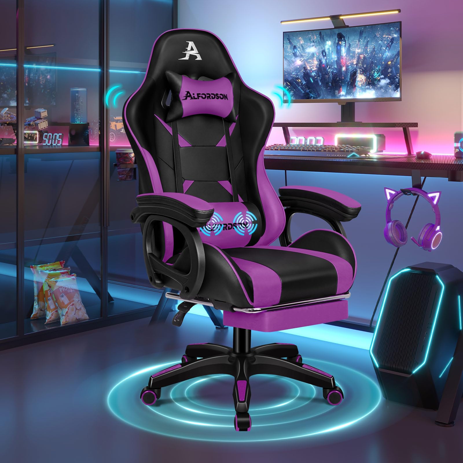 ALFORDSON Sedia da Gaming Massaggiante con Poggiapiedi da Case Viola | Poltrona Gamer in Similpelle Serie XAVIER, Schienale regolabile, con supporto lombare e poggiatesta, portata 180 kg