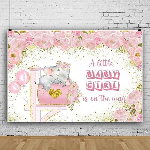 Rose Gold Baby Shower Backdrop for Girls Pink Floral A Little Baby Girl is On Th