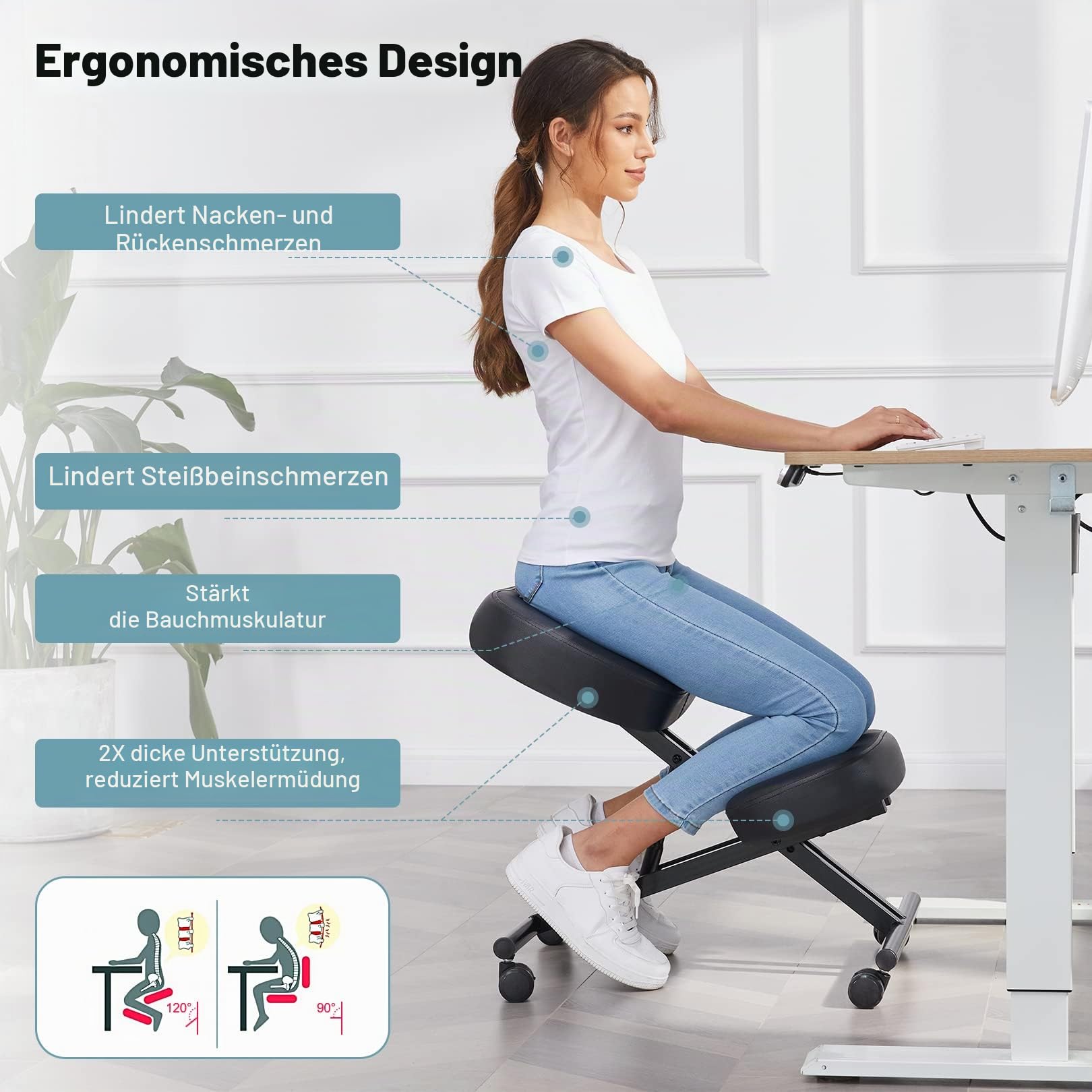 Kniestuhl Ergonomischer, Verstellbarer Kniehocker Stuhl für Büro, Metallgestell + Leder Bürostuhl Sitzhocker mit Knieablage, Rollen, 3" Kissen, Hocker zu Verbessert Haltung & Rückenschmerzen