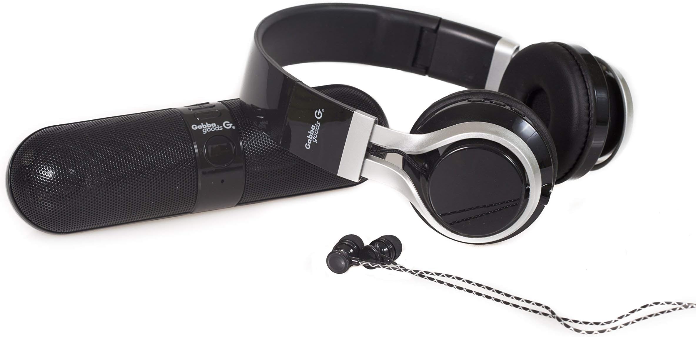 GabbaGoods 3 Piece Metallix Electronics Gift Combo Set- Includes a Gabba Goods Bluetooth Wireless Audio Sound Speaker, Over the Ear Bluetooth Foldable Headset, & Earbuds with built-in Mic- BLACK