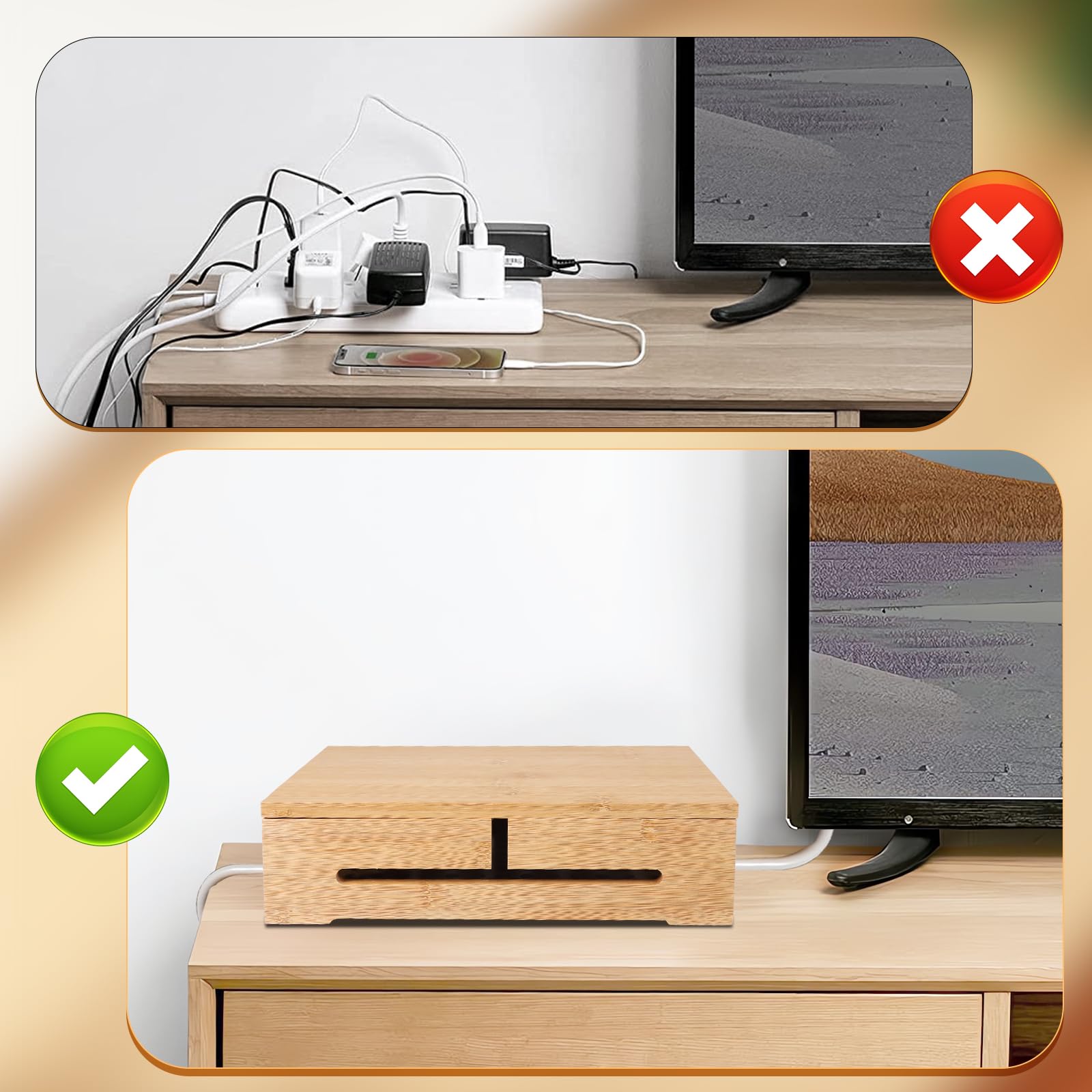 DBREAKS 2X Kabelmanagement Box, Kabelbox Holz, Kabel Organizer Box, Bambus | Wandmontierbare Kabelbox mit magnetischem Bambus-& Kabelbindern & Kabelschlauch, Kabelkasten für Schreibtisch Cable Organizer