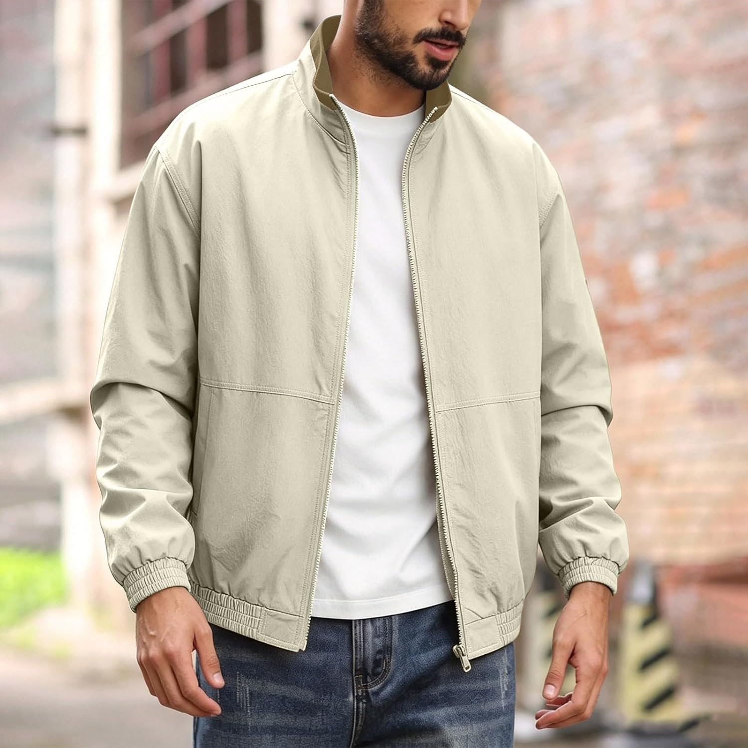 Mens Stand Collar Bomber Jacket Full Zip Long Sleeve Windproof Coat