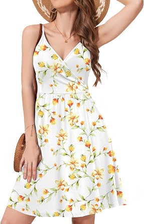 WEACZZY Womens 2026 Summer Dresses V Neck Spaghetti Strap Sundress Casual Beach Flowy Mini Dress with Pockets