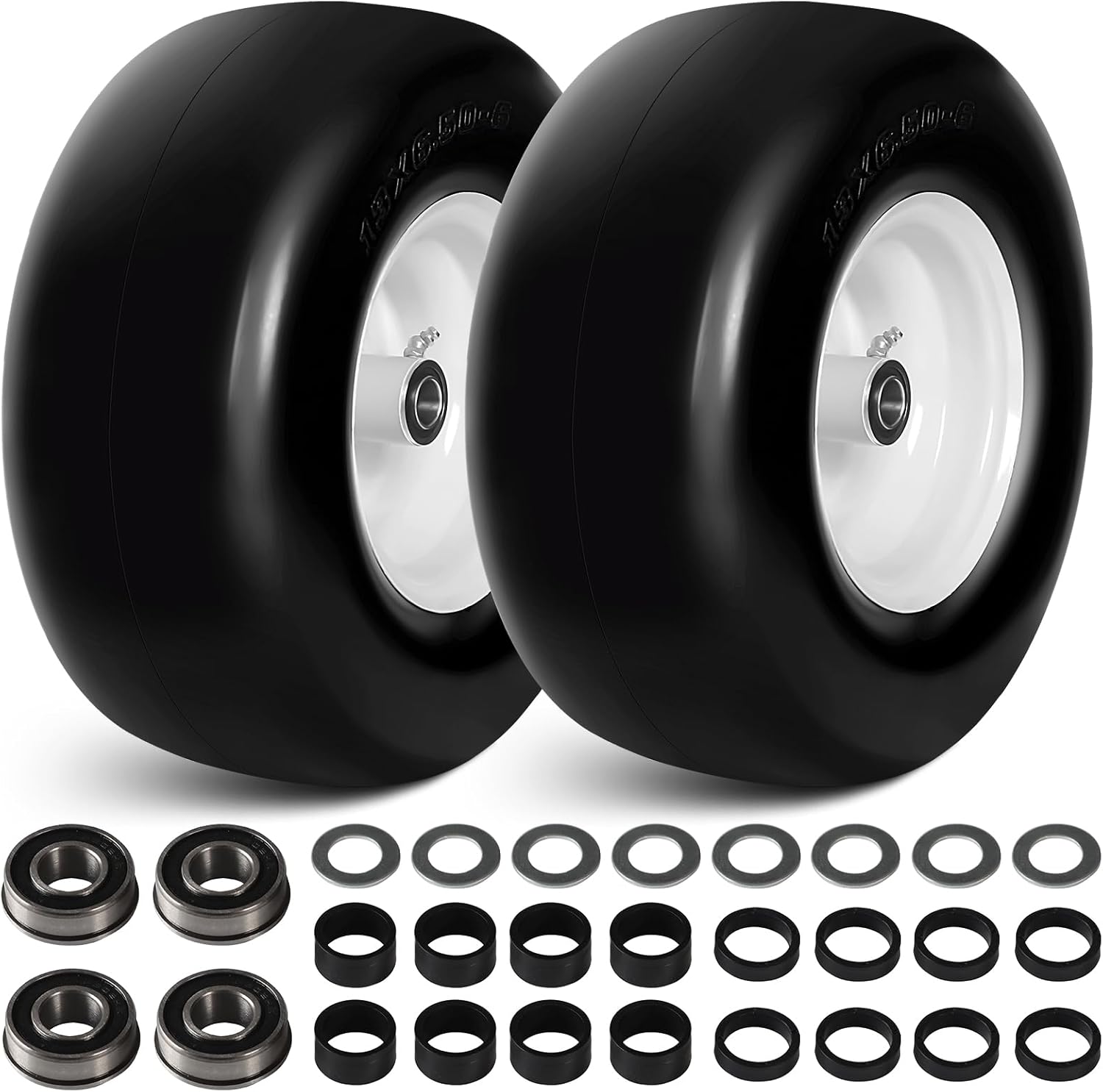 13x6.50-6 Flat Free Lawn Mower Tire Wheels; 2 Packs Non-Slip Puncture-proof Tire for Lawnmowers, Replacement 3/4" & 4 Pcs 5/8" Bearing with 24 Spacers for Zero Turn Mowers 、Garden Tractors Carts