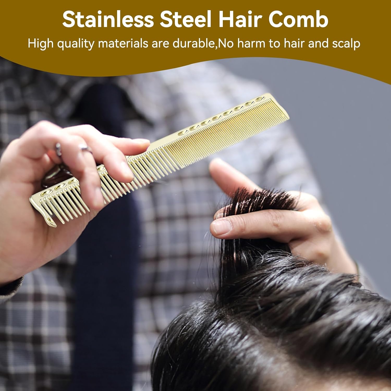 2PCS Stainless Steel Hair Cutting Comb, Professional Stainless Steel Barber Separator Highlights Comb for Hair Styling Salon, 20x2.8cm/7.9x1.1in(Golden)