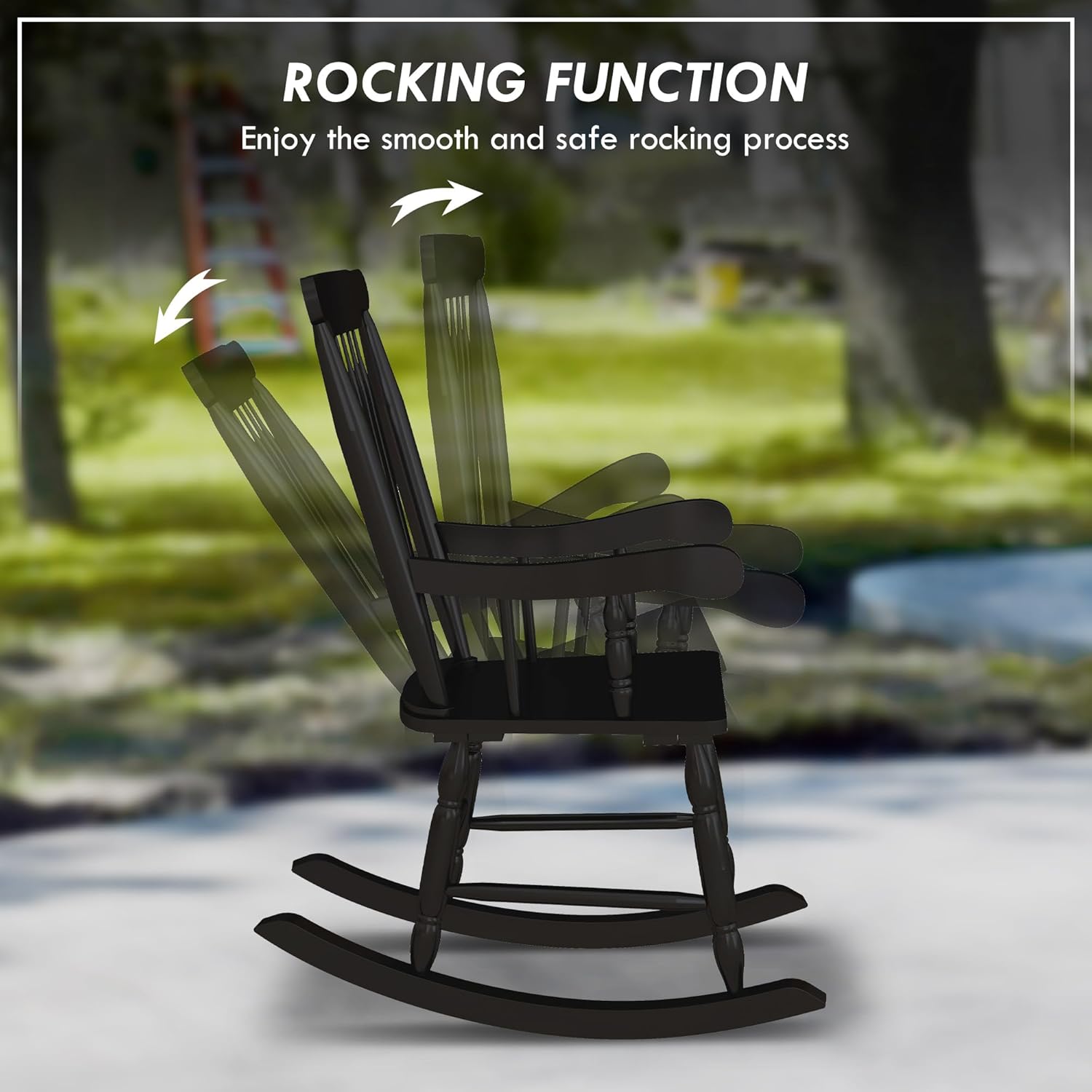 Outdoor Rocking Chairs Set of 2 - Front Porch Rocking Chairs with High Backrest and Armrest, Wooden Rocking Chair with Footrest and Wide Seat for Backyard, Porch, Balcony (Black)