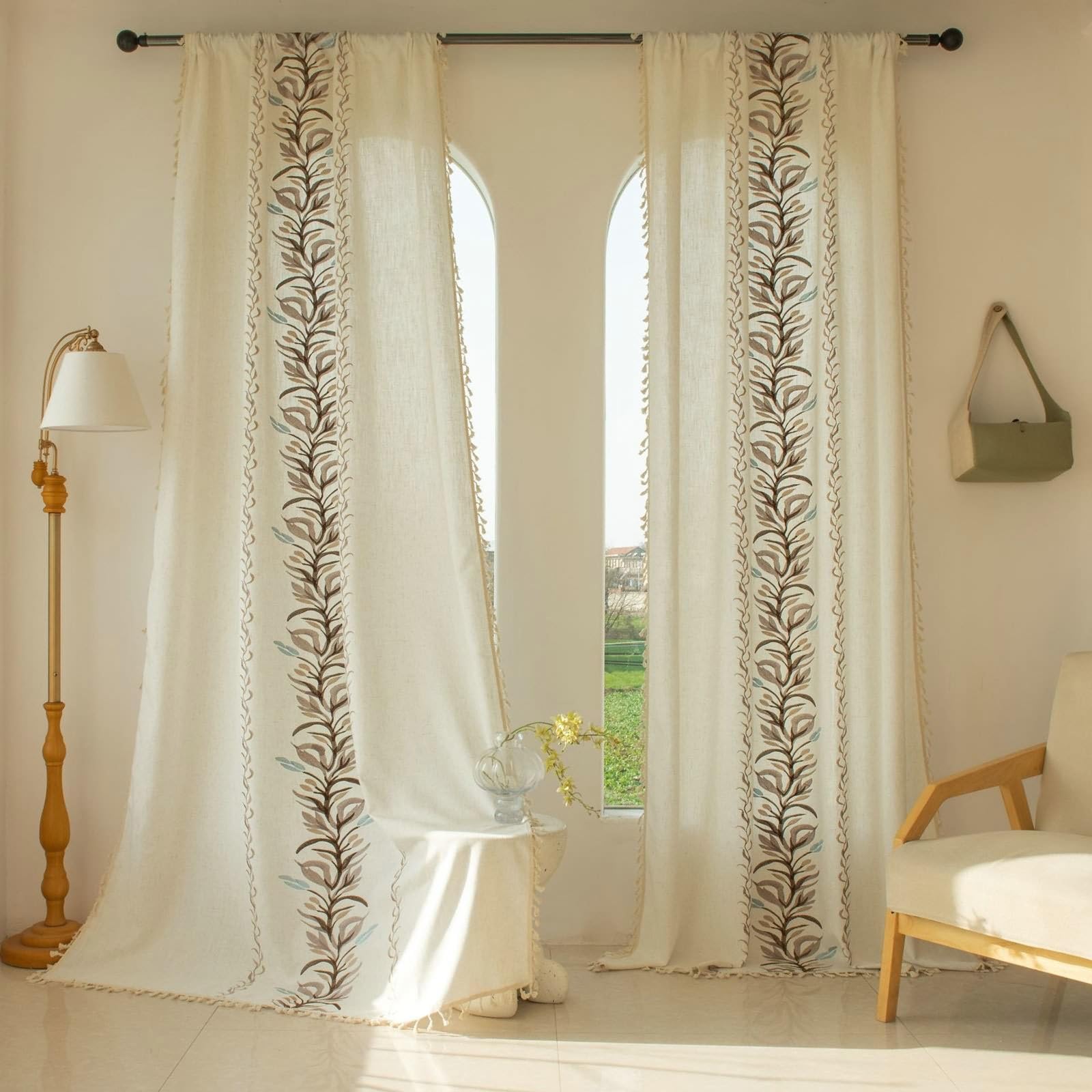 Rideaux brodés de feuilles en lin synthétique haut de gamme pour fenêtres 140x260