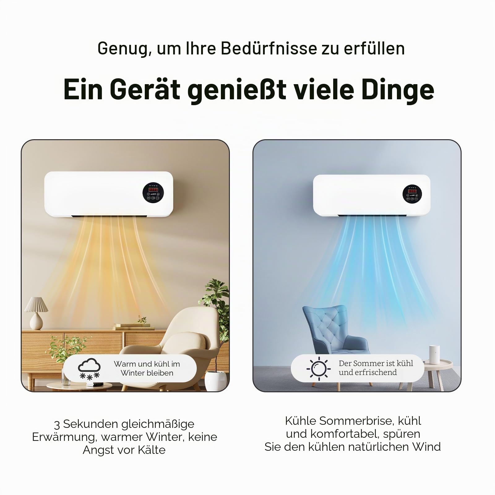 2000 W Split-Klimagerät, wendbar, Klimagerät ohne Außeneinheit, 60 x 21 x 8,5 cm, Heizung & Kühlung, kompakt, leise, schnelle Installation, mit Fernbedienung, für Haus (weiß)