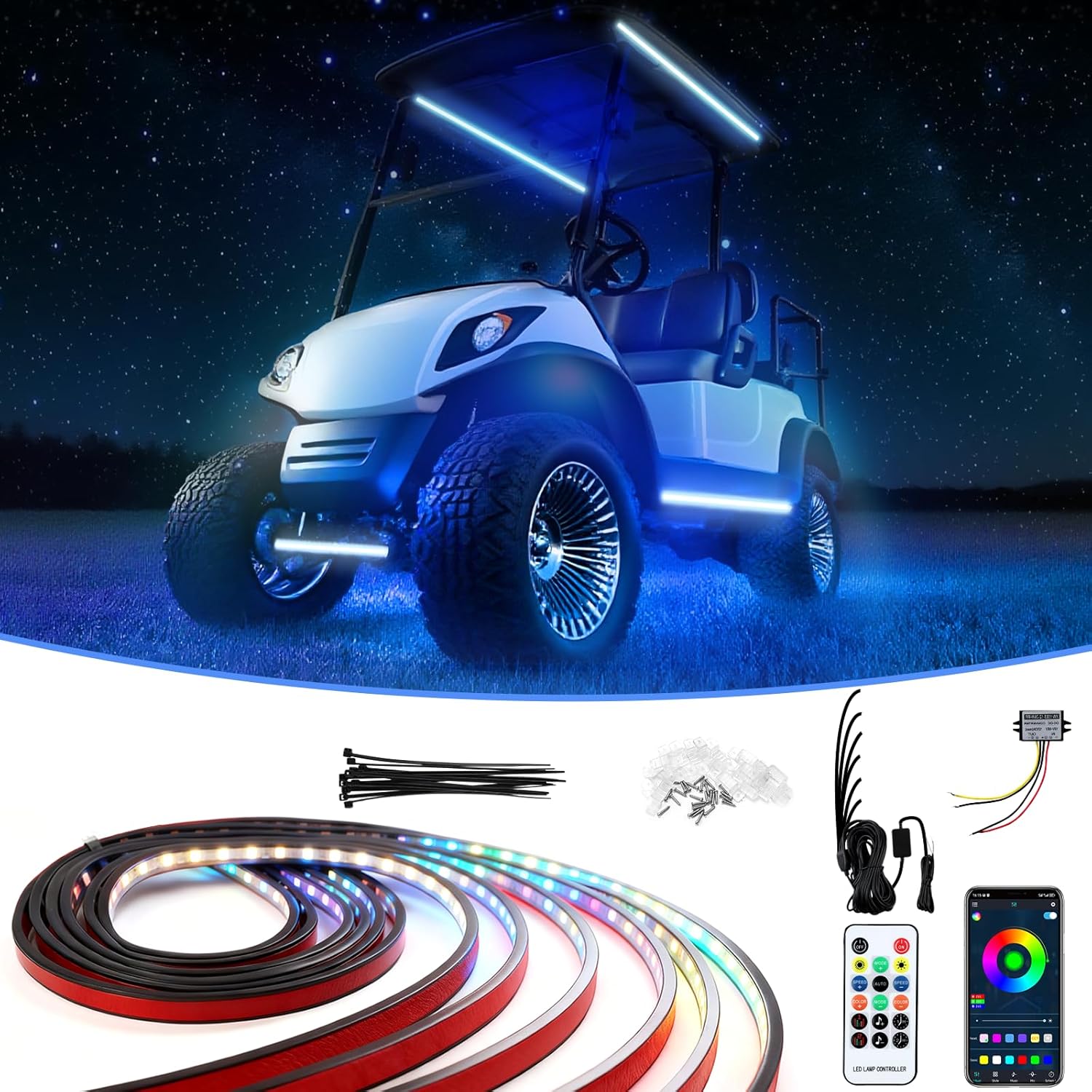 Golf Cart Underbody LED Light Strip Kit with Canopy Lights,12V - 80V Input Golf Cart Underglow LED Lights 6Pcs for Yamaha EZGO Club Car,Multiple Modes Multicolor RGB Music Sync IP68 Waterproof