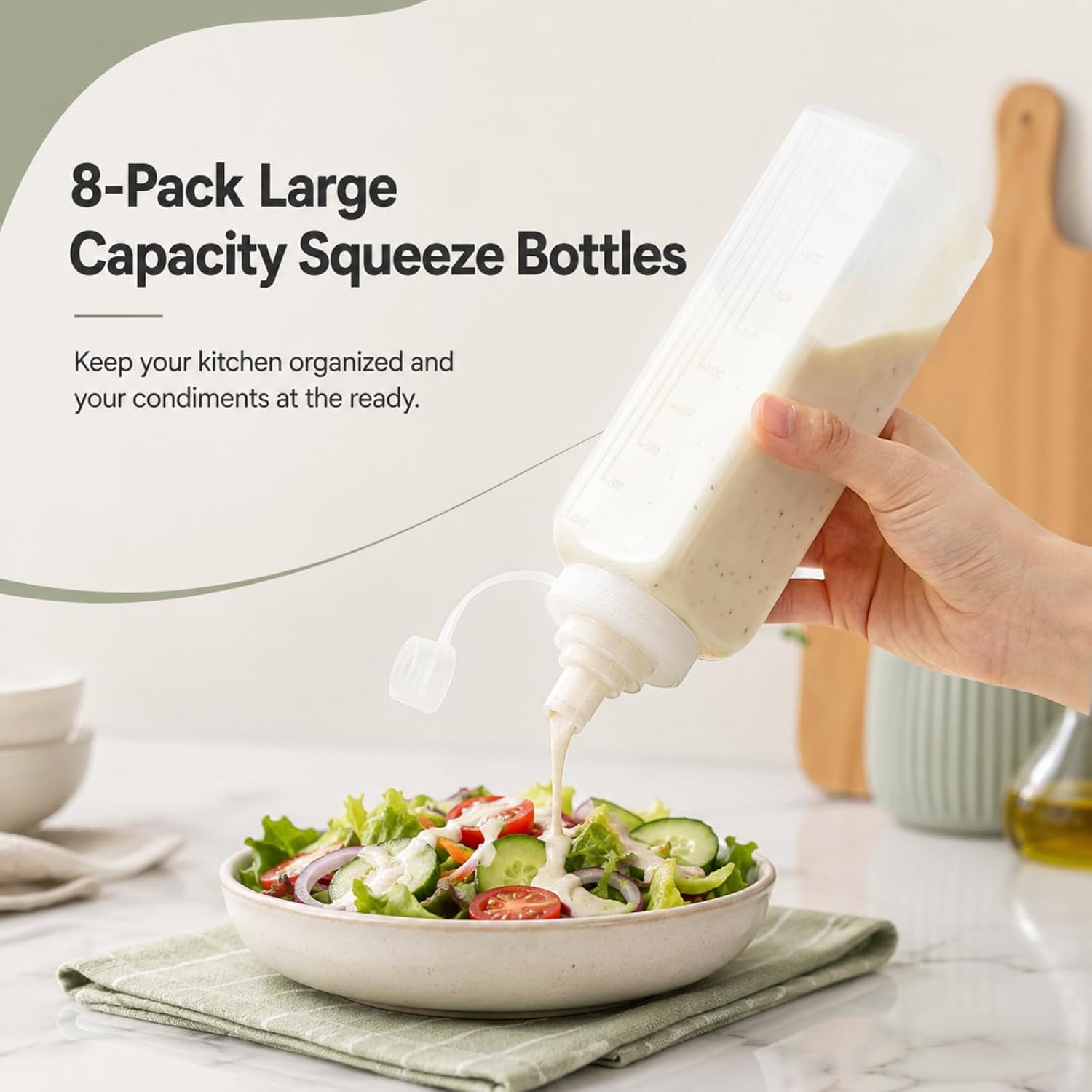 8 Pack Squeeze Bottles, Wide Mouth, 34oz Liquid Dispenser|Food-Safe PP, Square Design, Clear Scale Marks, with Dustproof Cap, Semi-Transparent, Easy to Clean, for Sauces
