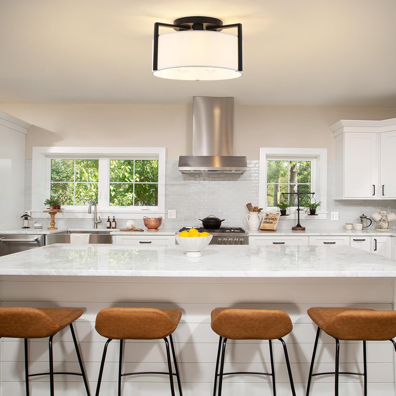 15" Semi Flush Mount Ceiling Light, 3-Light Modern Kitchen Hallway Light Fixtures with Drum White Shade, Metal Close to Ceiling Lights for Entryway Living Room Bedroom Dining Room Foyer, Black