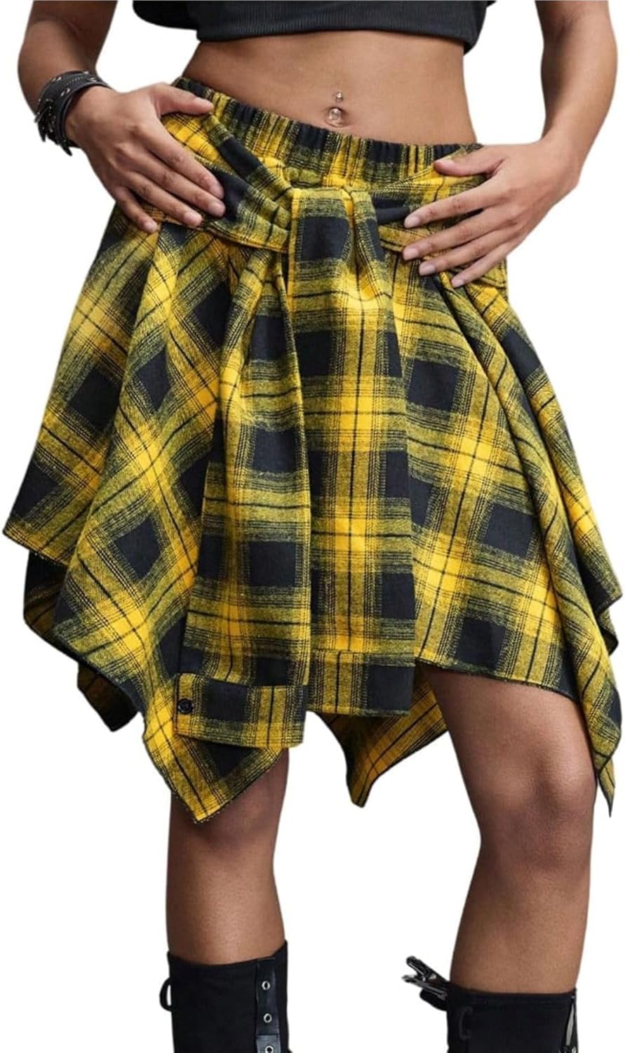 Verdusa Women's Y2k Goth Grunge Plaid Skirts Tie Vintage Asymmetrical Flowy Pleated Mini Skater Skirt