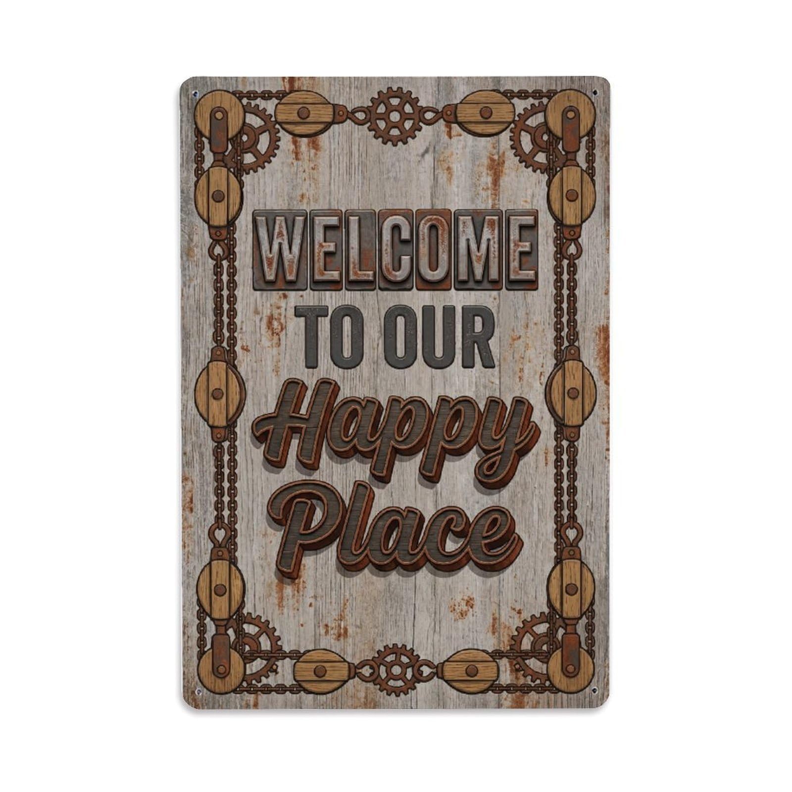 Fqnyr Style Welcome To Our Happy Place Vintage Blockmaker Metal Tin Sign Plaque Wall Decor For Cafe, Club Bar, Office, Home Garden Metal Poster 8X12inch