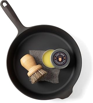 Field Cast Iron Starter Set -10.25 Inch Cast Iron Skillet with Cleaning Kit Natural Fiber Brush, Chain Mail Scrubber & Organic Seasoning Oil Lightweight, Preseasoned, Made in USA, Vintage Design