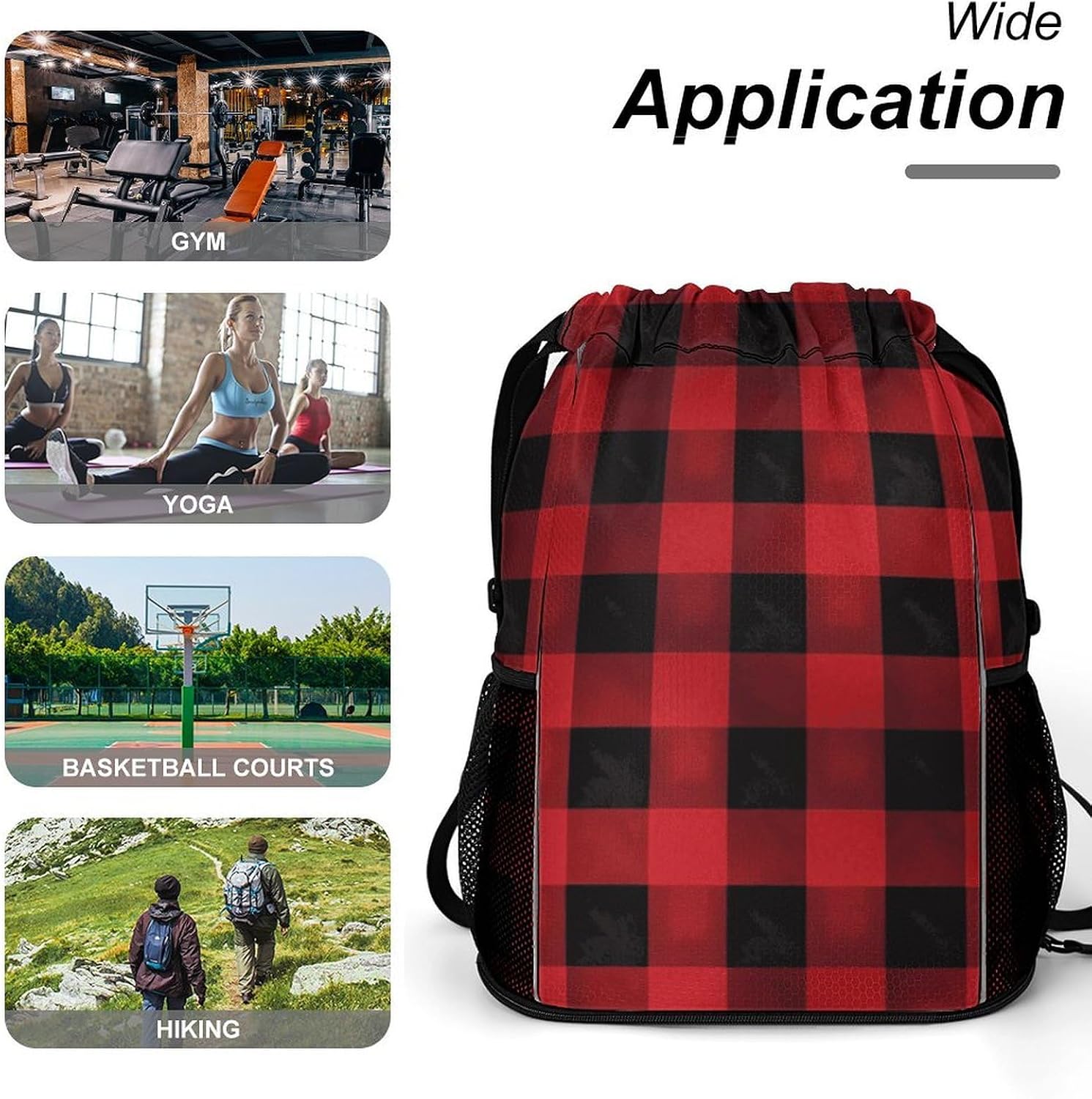 Red Black Buffalo Check Plaid Pattern Drawstring Backpack with Wet Pocket - Large Capacity Gym Bag with Shoe Compartment & Mesh Pockets, Adjustable Lightweight Gym Backpack for Swimming, Travel, Worko