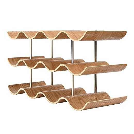 Countertop Wine Rack - 12 Bottle Freestanding Wine Bottle Holder Stand - 3 Tier Wooden Wine Storage Rack - Wavy Wine Organizer for Cabinet Pantry Home Kitchen Bar