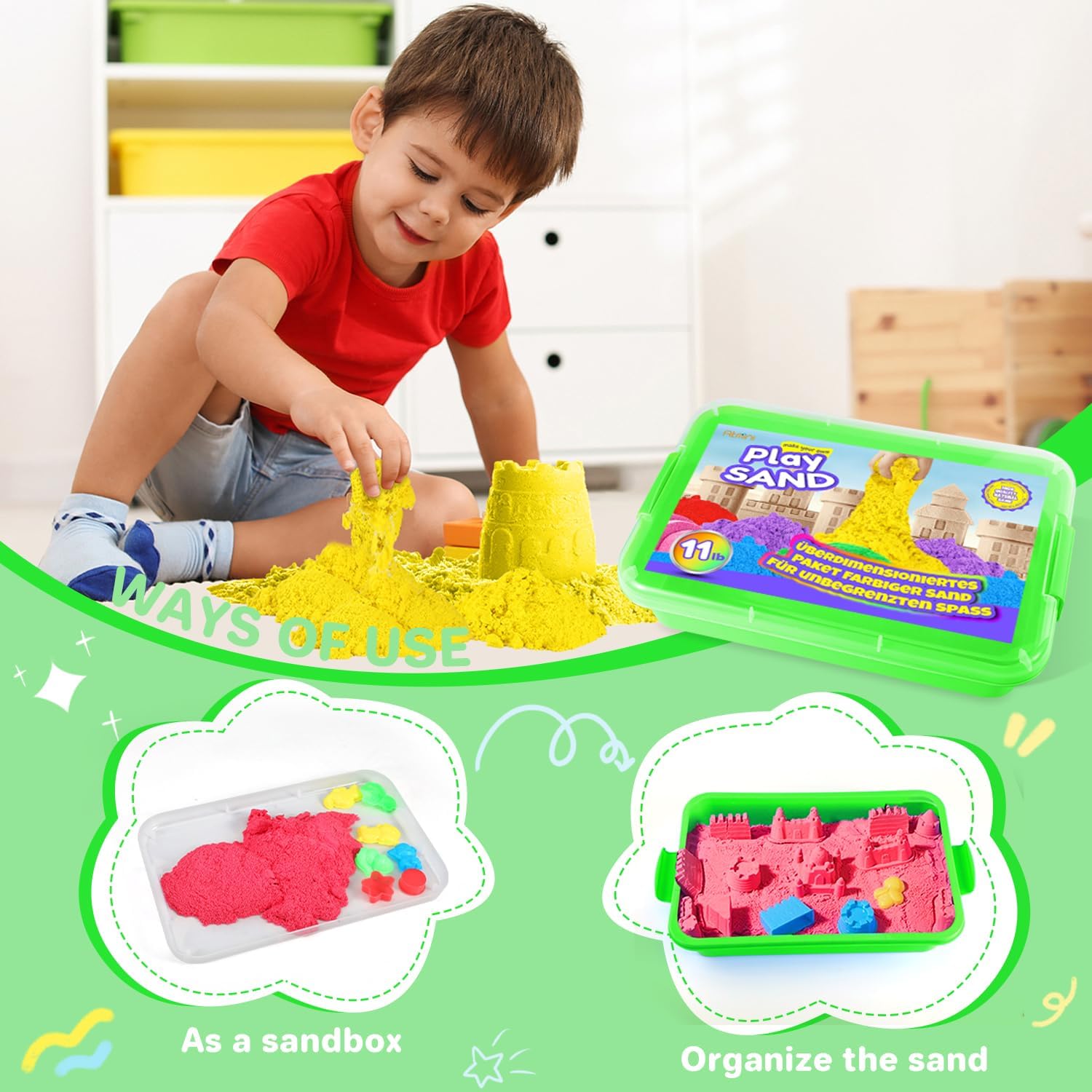 AtMini Play Sand for Kids, 11lbs of 6 Colored Sands, Magic Sand Bulk, Play Sand for Sandbox Sensory Sands Kit Toy for Boys and Girls (Green Tray) - Image 5