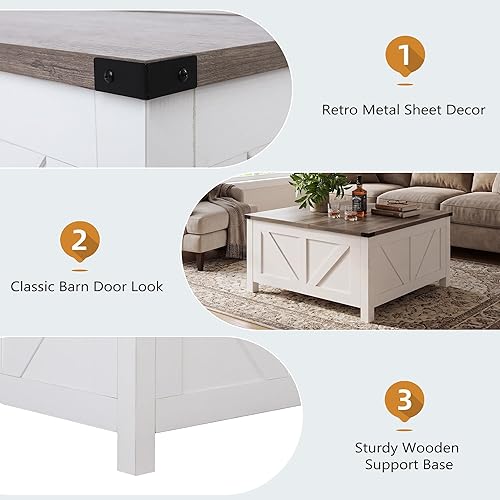 Miniatura 6 de Mesa de centro de granja de 35 pulgadas con gran almacenamiento, mesa de centro de madera rústica para sala de estar, mesa central cuadrada con