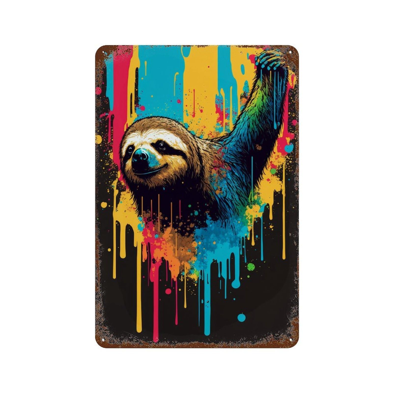 Colorful Sloth Art Print-1 11.8"x7.9" Rust Effect Tin Sign, Old School Wall Decor for Pub, Kitchen And Man Cave Decor