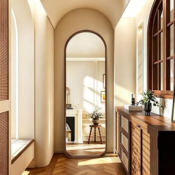 Niccy 66"21" Wood Frame Arched Full Length Mirror, Free Standing & Wall-Mounted Mirrors, Large Body Hanging Mirror for Living Room, Explosion-Proof Decorative Vanity Mirrors for Bedroom, Black Walnut