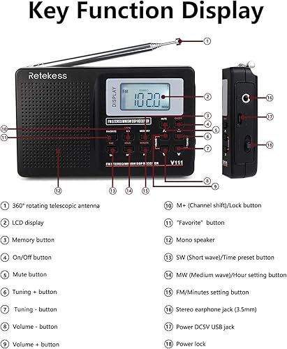 Miniatura 5 de Radio portable TIVDIO V-111 de onda corta para viaje con sintonía AMFM estéreo reloj y alarma