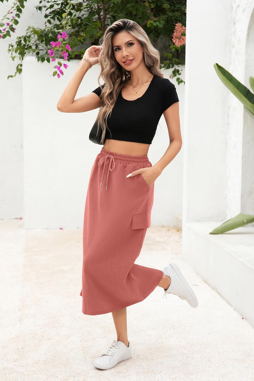 Women's Midi Cargo Skirt High Waist Drawstring Summer Slit Dressy Casual Skirts with Pockets - Image 2