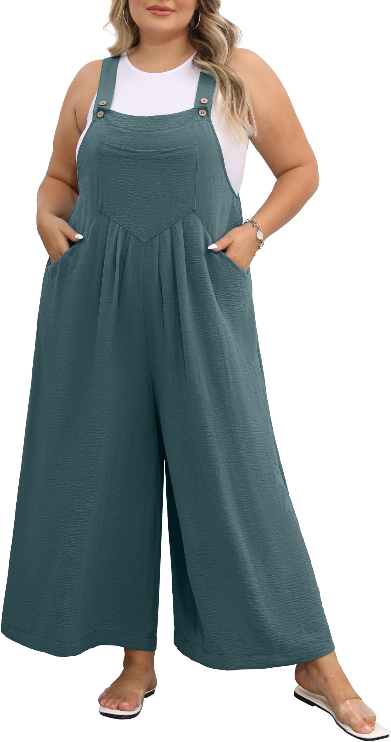 Plus Size Jumpsuit for Women Wide Leg Adjustable Straps Overalls Loose Fit Romper with Pockets Spring Summer