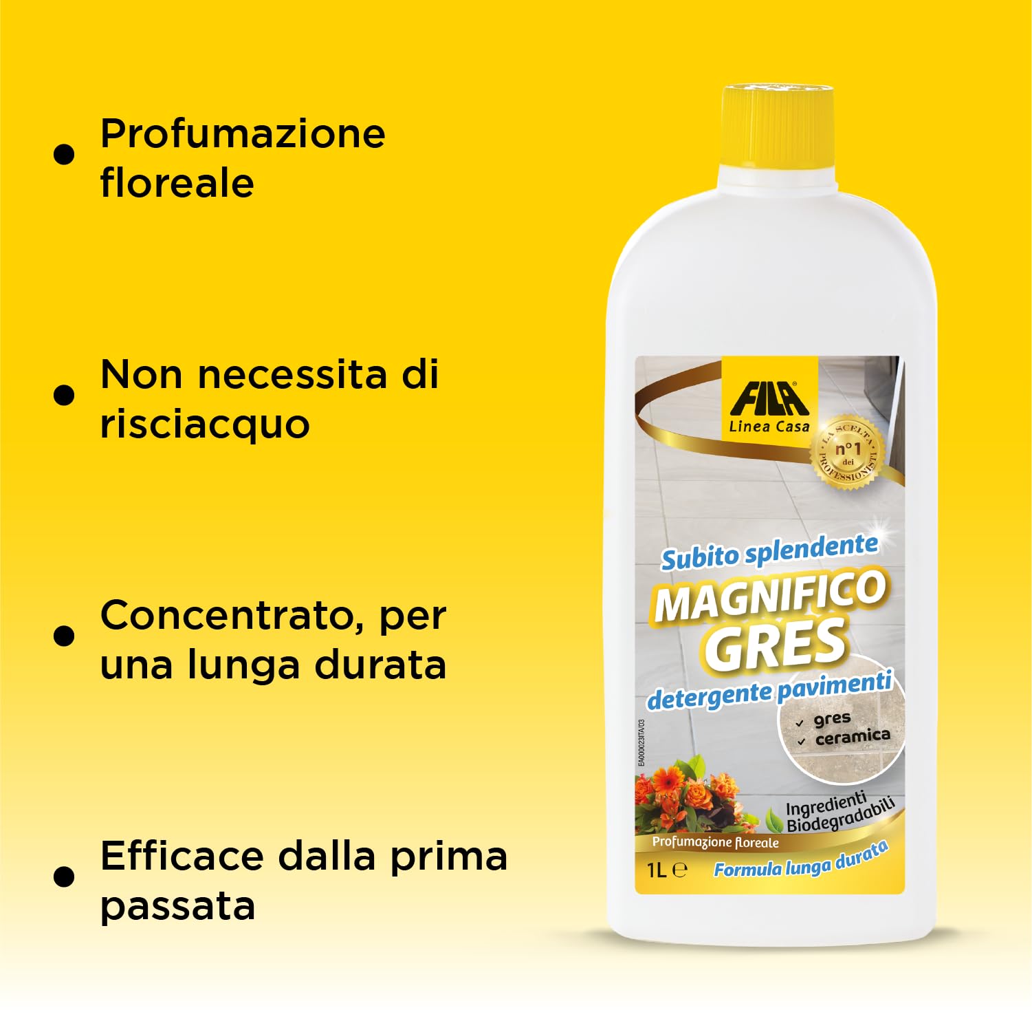 FILA Surface Care Solutions, MAGNIFICO GRES, Detergente Adatto per Pavimento in Gres Porcellanato Effetto Legno, Detersivo Profumato Pavimenti , 1L